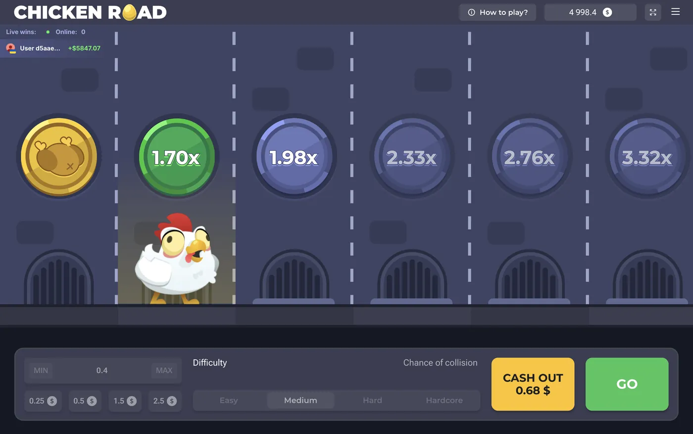 Chicken Road Spielrunde: Das Huhn steht auf dem Feld mit 1,70×, weitere Felder zeigen höhere Multiplikatoren
